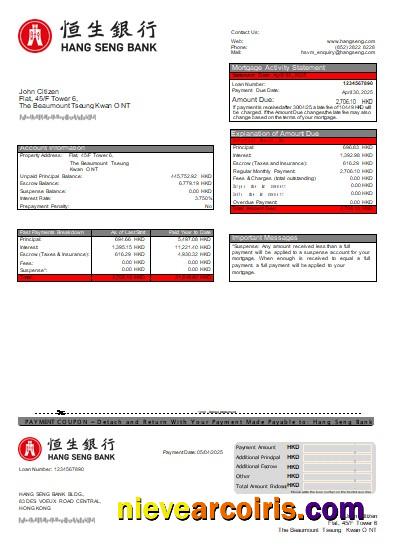 Hong Kong Hang Seng bank mortgage statement